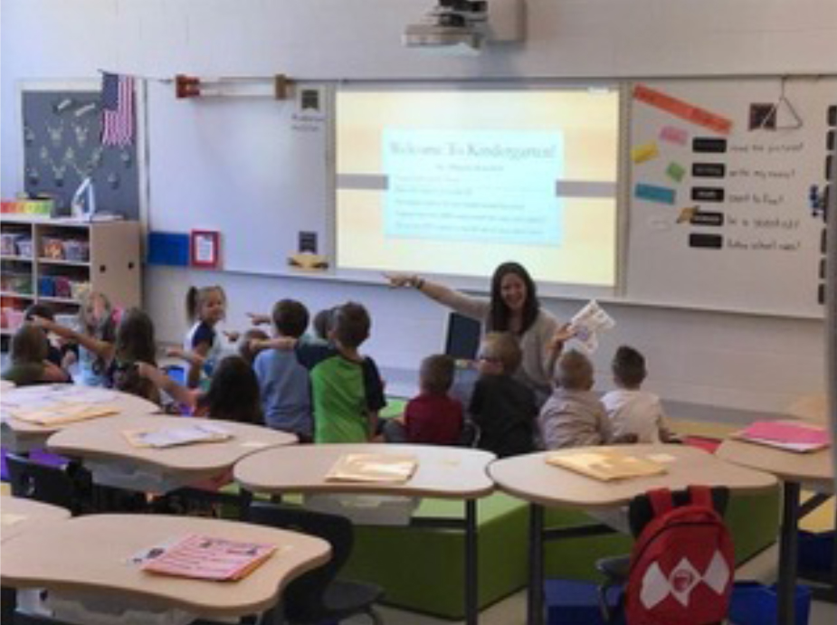 A teacher teaching students in front of a projector.